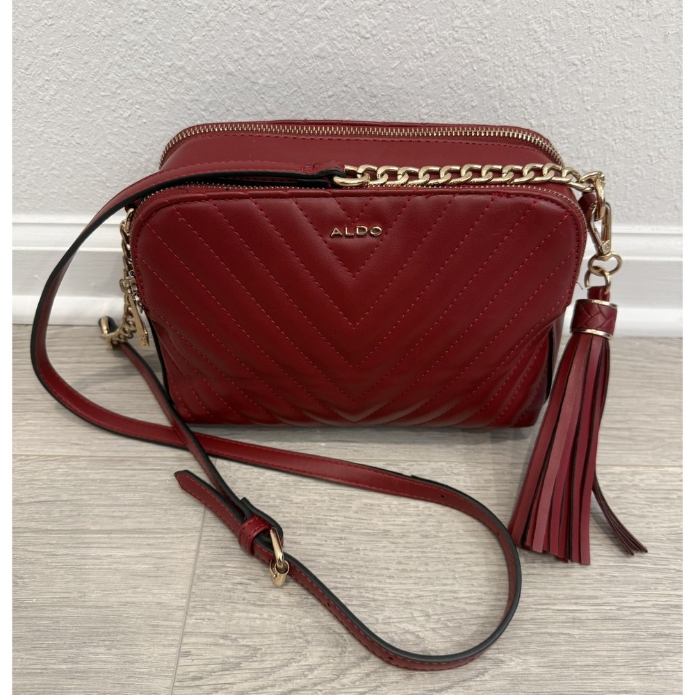 ALDO Small Red Chevron Quilted Crossbody Purse Bag Gold Accents + Tassel